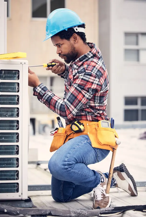black man electrician maintenance engineer ac repair handyman working tools roof fix air conditioner 275696879